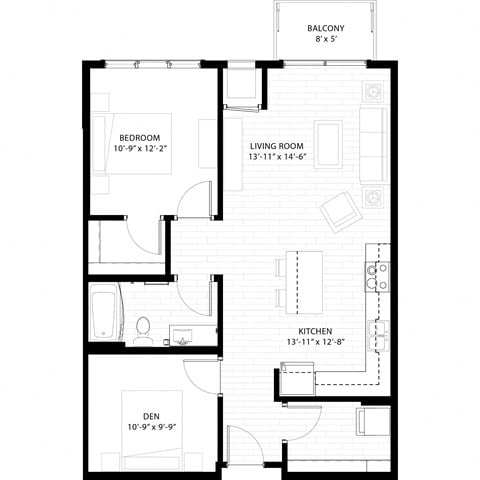 Floor plan for 1 bed, 1 bath, 900 sqft